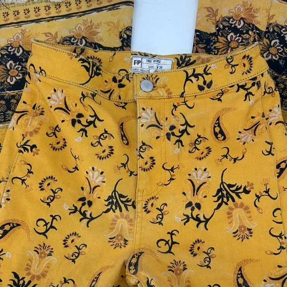 Free People Just Float On denim Floral Yellow Boho Pants flare - Picture 6 of 8